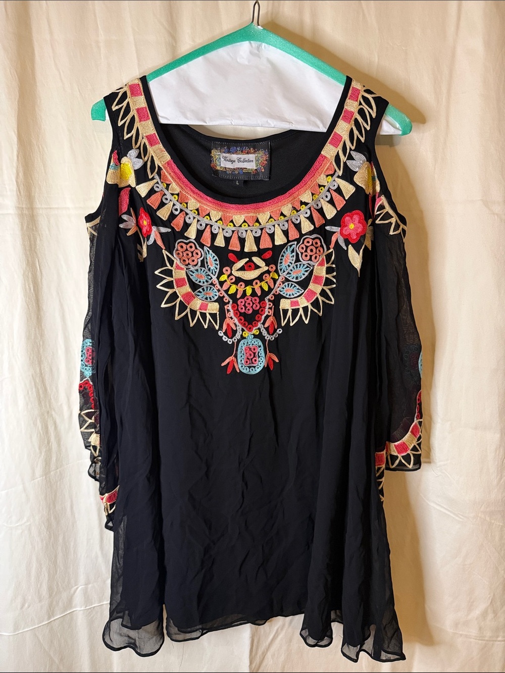 Embroidered Cold-Shoulder Black Tunic Top by